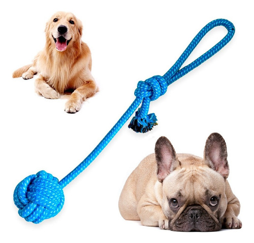 Brinquedo Puxador Pet Cães Mordedor Osso Bola De Corda Forte Cor Azul 37 Cm