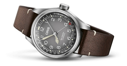 Reloj pulsera Oris OR75477794063SP con correa de cuero color marrón oscuro - fondo gris - bisel plateado