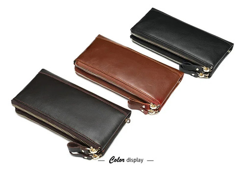 Bolso Largo De Cuero Genuino Con Cremallera Para Hombre