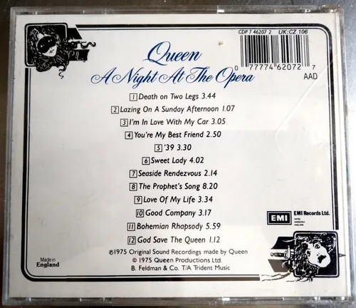 Queen - A Night At The Opera Cd England Uk 1975 1992 Caba