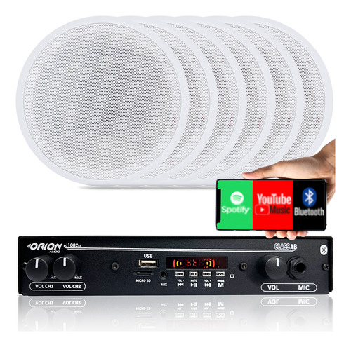 Kit Som Ambiente Amplificador Bt Fm +6 Arandelas Gesso Teto 