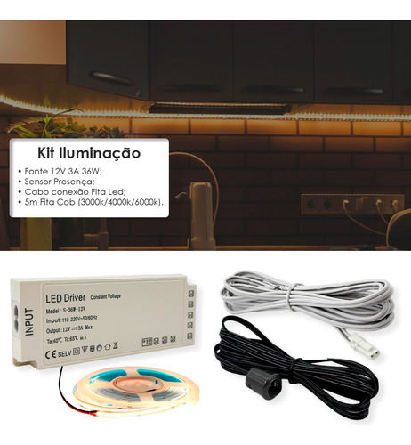 Sensor De Presença Para Móveis Com Fita Led Cob + Fonte 12v