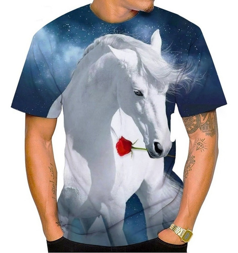 Camiseta De Hombre Con Estampado 3d De Caballo Animal De Mod