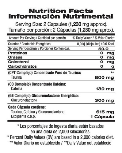 Taurine Caffeine & Glucoronolactone 100 Caps Taurina Cafeina