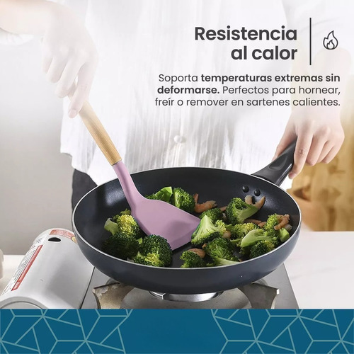 Set Utensilios De Cocina Punta Silicona Mango Madera Kit X12 Negro