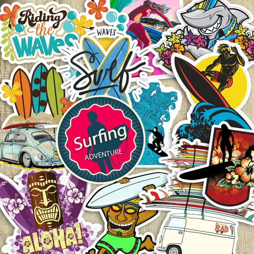 50 Calcomanías Surf Stickers Etiqueta Calidad Playa Oceano