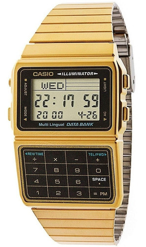 Reloj Casio Vintage Dbc611 Dorado Calculadora Fondo Negro