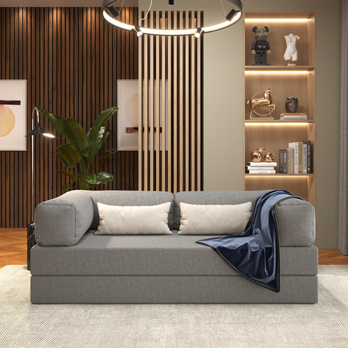 Sofá Cama Casal 2 Em 1 Puff 1,90m Bouclê Cinza Na Caixa Estilo Industrial Moderno Com Base Metal Escandinavo