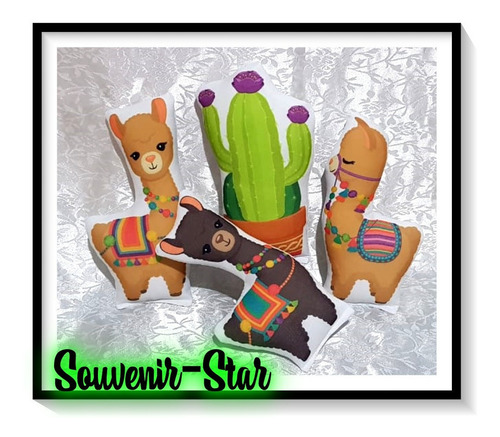 Souvenir 5 Llamas Alpacas Cactus Con Forma 30cm