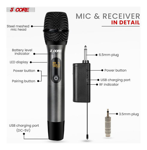 5 Core Uhf Micrófonos Inalámbricos Karaoke 210 Pies Alcance