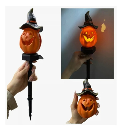 Lámpara Recargable Solar Diseño Halloween Con Estaca Jardin Calabaza Con Gorro