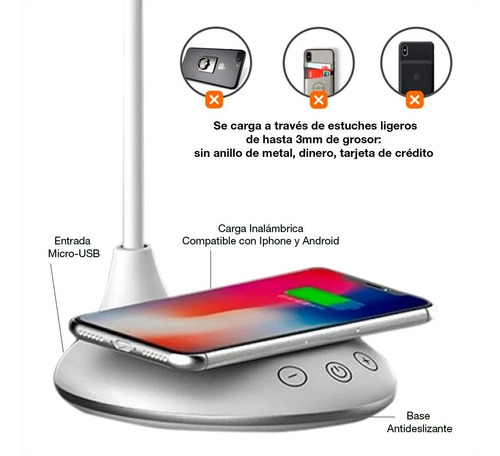 Lámpara Led Mesa Y Cargador Inalámbrico 3 Luces Con Dimmer
