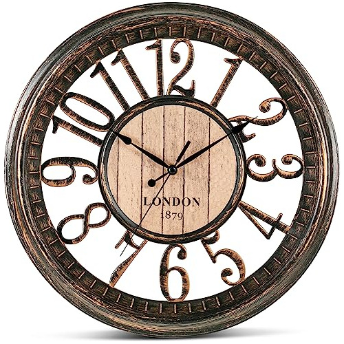 Reloj De Pared Marron Rustico Silencioso Decoracion 40 Cm