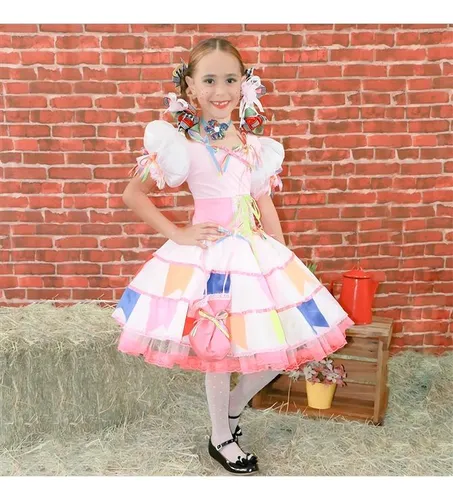 Vestido Caipira Infantil Luxo Rosa Bandeirinhas Com Bolsa