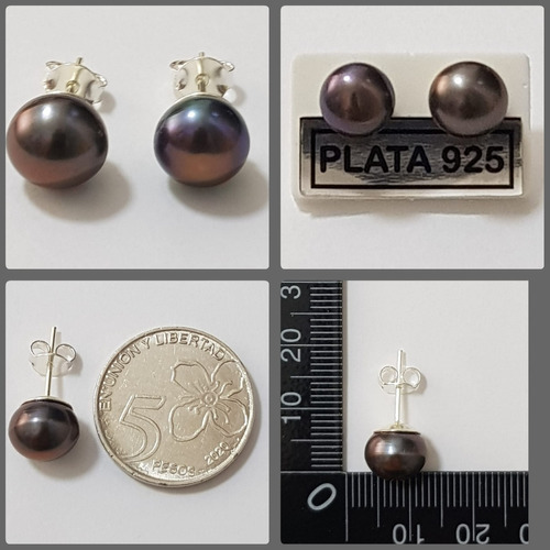 Aros Perlas Agua Dulce Color Negra  9mm Plata 950 Sellada