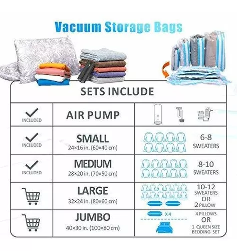 VMSTR Bolsas de almacenamiento al vacío de viaje con bomba eléctrica,  paquete de 6 bolsas de ahorro de espacio para ropa, bolsas de vacío para  mantas