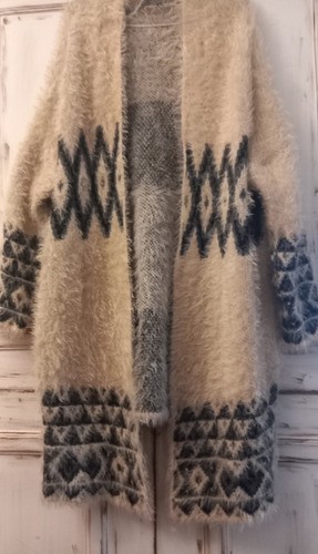 Saco Tejido Largo En Lana Angora, Diseño Boho, Talle M A Xl