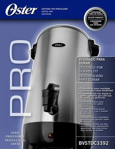 Cafetera Percoladora Pro 45 Tazas Aluminio Oster Bvstdc3392