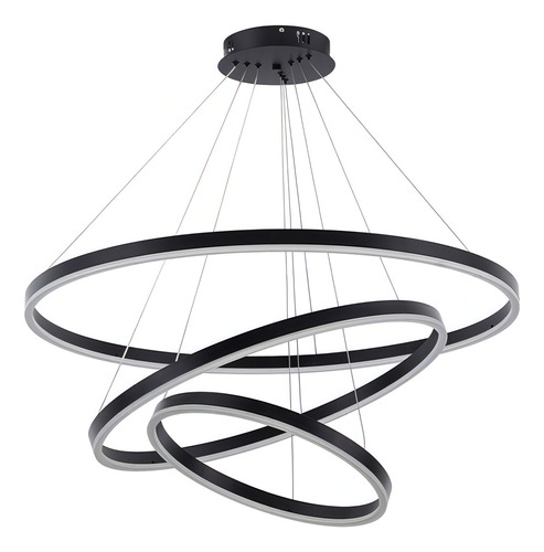 Gmh Luminária Lustre Pendente De Teto Led Embutido 3 Aneis Arcos Argolas 80cm 60cm 40cm Sala Quarto Recepção Hall Pé Direito Alto Duplo 4 Metros Regulagem Cabo Preto Moderno 113w 127/220v