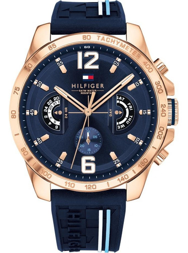 Reloj Tommy Hilfiger Silicona Caballero 1791474 100%original Correa Azul Bisel Rosé Fondo Azul