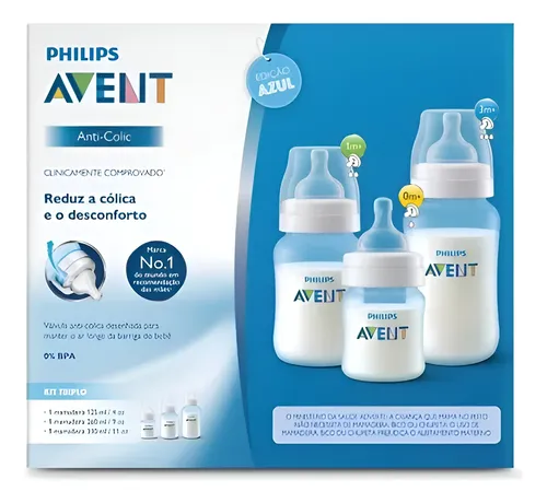 Kit Mamadeira Bebê Avent Anticólica 125ml 260ml 330ml Cor Azul