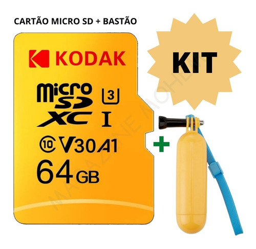 Imagem 1 de 6 de Cartao De Memoria 64gb V30 Kodak + Bastao Flutuante Amarelo