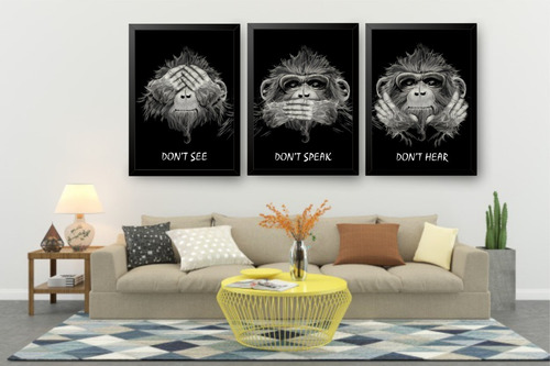 Quadro Decorar 3 Macacos Sábios Boca Ouvidos Olhos Fechados