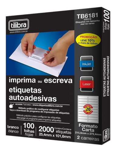 Etiqueta Adesiva Inkjet/laser Carta 6181 25,4 X 101,6 Mm Com Cor Branco