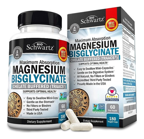 Bisglicinato De Magnesio 100% Quelato - 180 Cápsulas 
