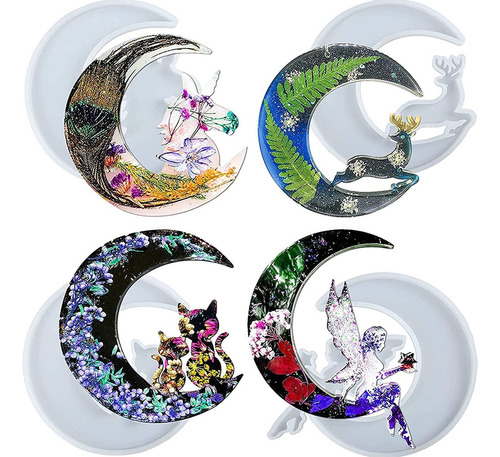 4 Luna Moldes Resina De Silicona Unicornio Adular Gato Ángel