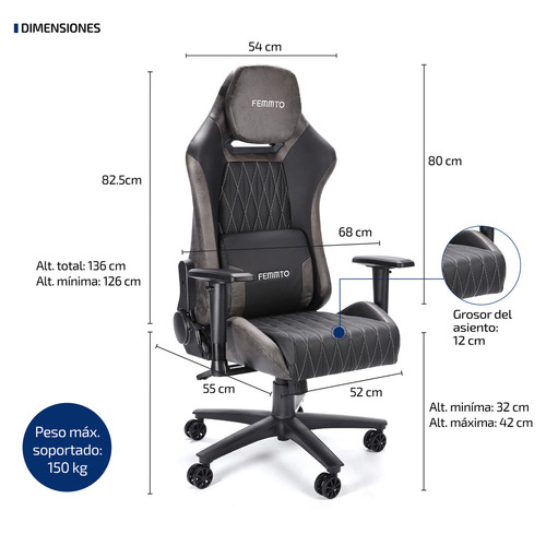 Imagen 3 de 8 de Silla Gamer Pro Ergonomica Giratoria Femmto Gp001 Gris Para Escritorio Pc Gaming Reclinable 135° Peso Maximo 150 Kg