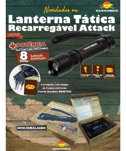 Lanterna Tática Attack Recarregável 140 Lúmens Resistente