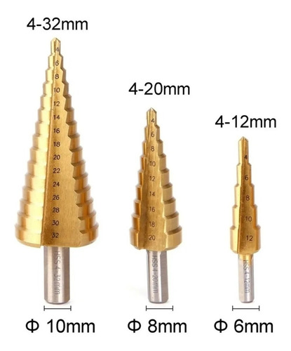 Imagen 4 de 6 de Set 3 Brocas Hss Para Metal Cónicas Escalonadas 4 A 32 Mm