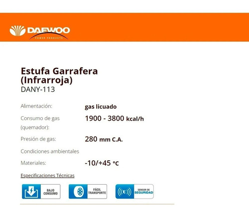 Imagen 7 de 9 de Estufa Calefactor Garrafera Daewoo Dany-113 3612kcal + Regu