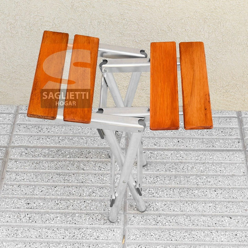 Combo Mesa Plegable Aluminio Madera 75x66 + 2 Bancos Balcon