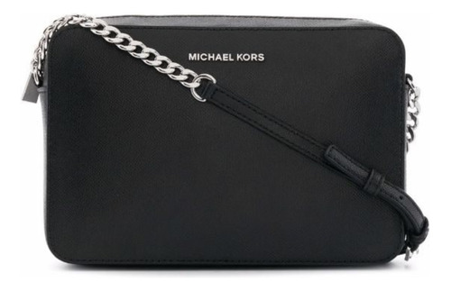 Bandolera Michael Kors, original, con estructura metálica negra, color plateado, diseño de tela negra, liso