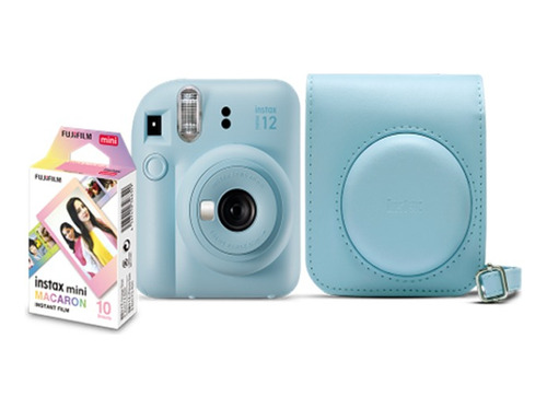 Kit Câmera Instax Mini 12 + 10 Fotos Macaron + Bolsa Azul