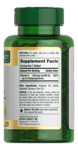Suplemento Nature's Bounty Vitamina D3 125 Mcg (5000 Ui) 240