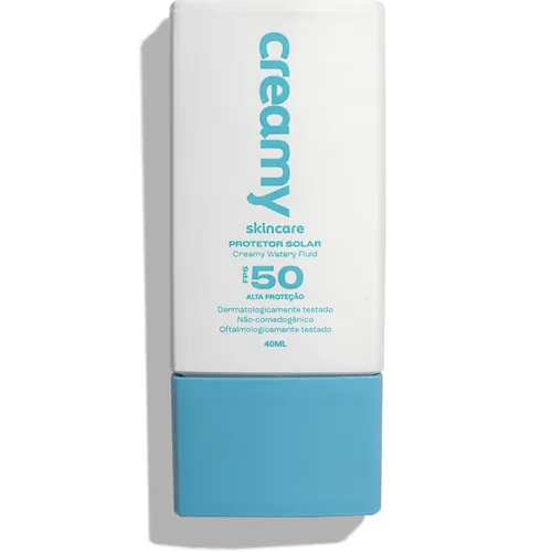 Creamy Skincare Protetor Solar Facial 40ml | FPS 50, Watery Fluid, Toque Seco, Efeito Matte, Rápida Absorção, Resistente à Agua e Suor | Fórmula Inodora, Todos os Tipos de Pele