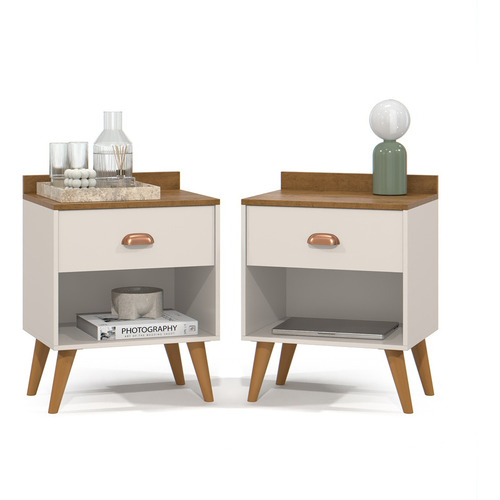 Mesa Criado 2 Bide Perola Conjunto Casal C/ Cabeceira Suede Brilhante Bege 1.40 / Off Freijo