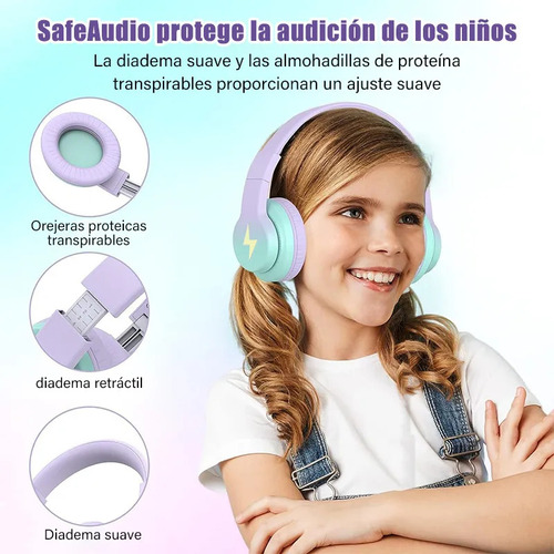 Violeta Con Luz Led Auriculares Gamer Inalámbricos Emuael Wgyp-104 Violeta Para Niños 45h