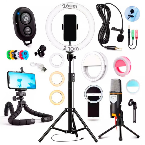 Kit Youtuber Tripé + Microfone Condensador + Ring Light 26cm