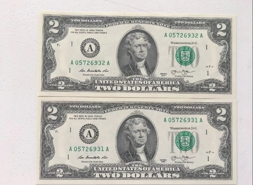 Imagen 1 de 2 de 2 Billetes Nuevos 2 Dolares Numeracion Consecutiva Perfectos