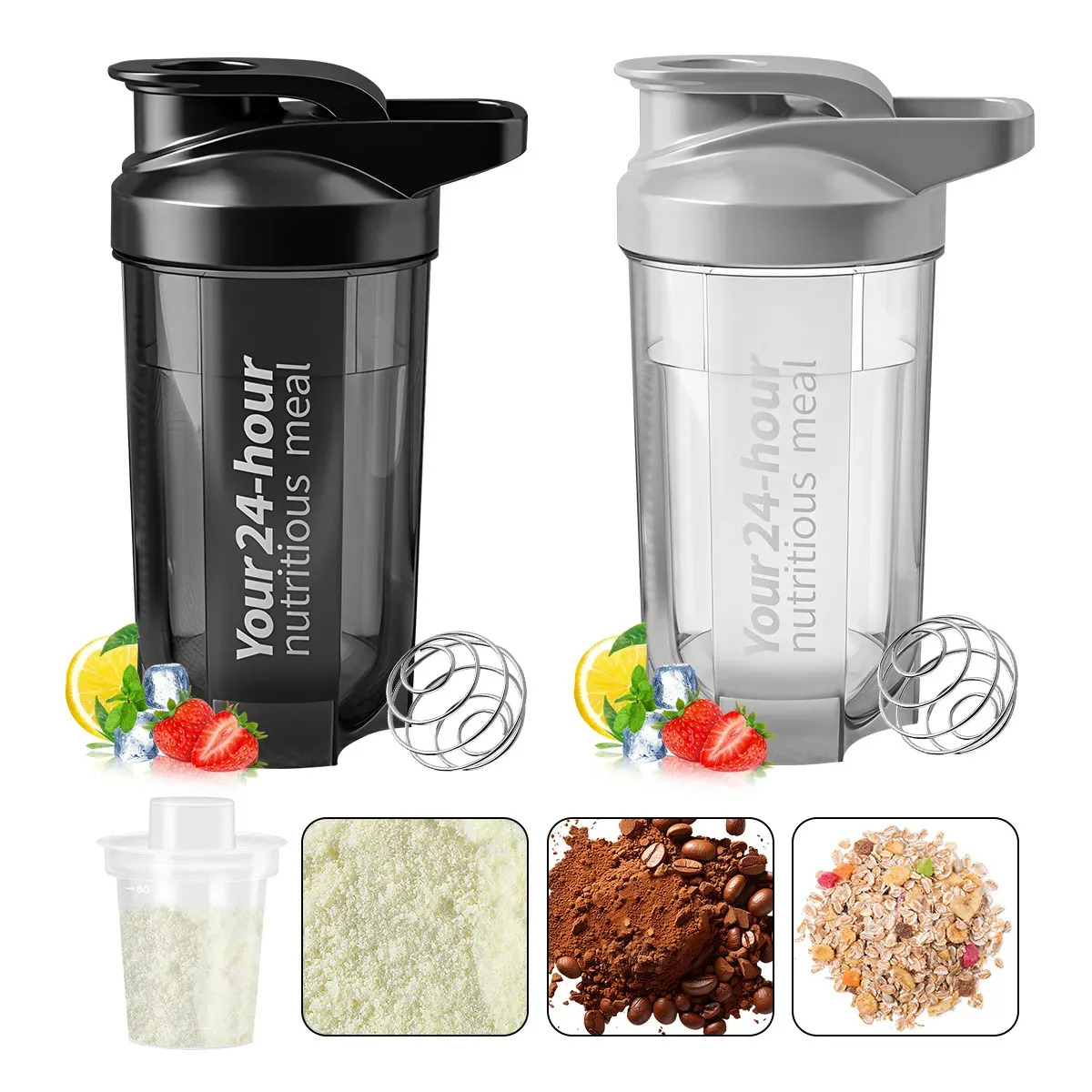 HUTIIRICH 2pcs Shaker Proteina Vaso Proteina Shaker Vaso Mezclador 500ml Negro Gris Con 1 Caja De Polvo Portátil De 80 Ml Adecuada Para Acampar Al Aire Libre, Senderismo, Montañism