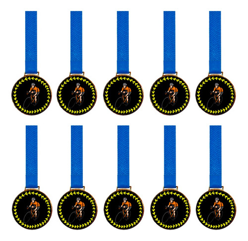 Kit C/10 Medalhas De Ciclismo C/fita Azul 43mm Personalizada