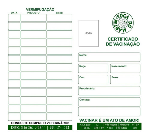 Carteira De Vacinação Pet Colorida Pack Com 100 Unidades