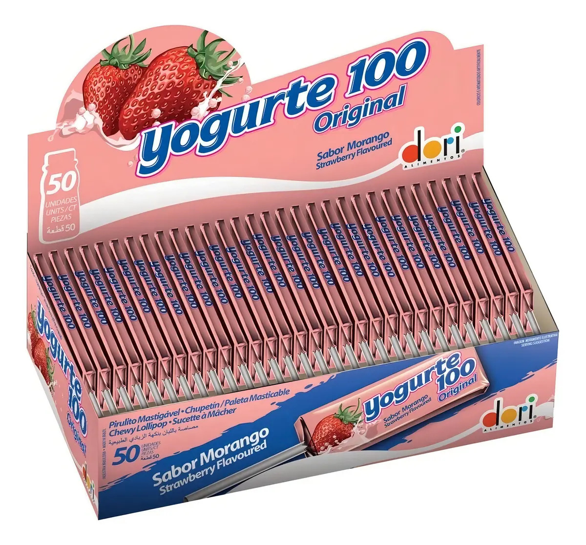 Pirulito Dori yogurte100 morango sem glúten 560g caixa com 50 unidades