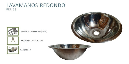 Imagen 2 de 2 de Lavamanos En Acero304 Redondo 31cm Institucional Innovaceros