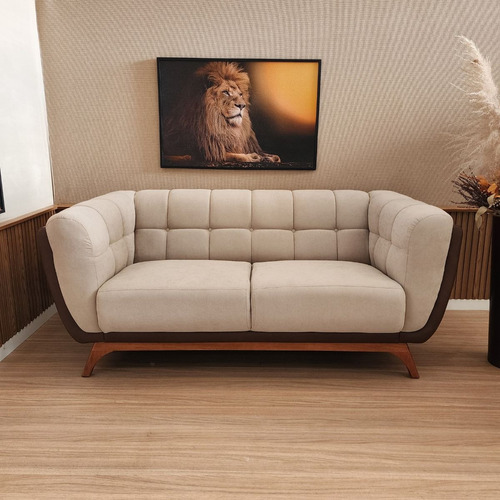 Sofá 3 Lug Peonia Living Acquablock E Corino Base Madeira Cor Bege Desenho Do Tecido Liso