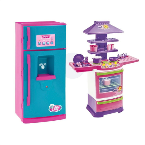 Cozinha Infantil Menina Completa + Geladeira Rosa Com Som 